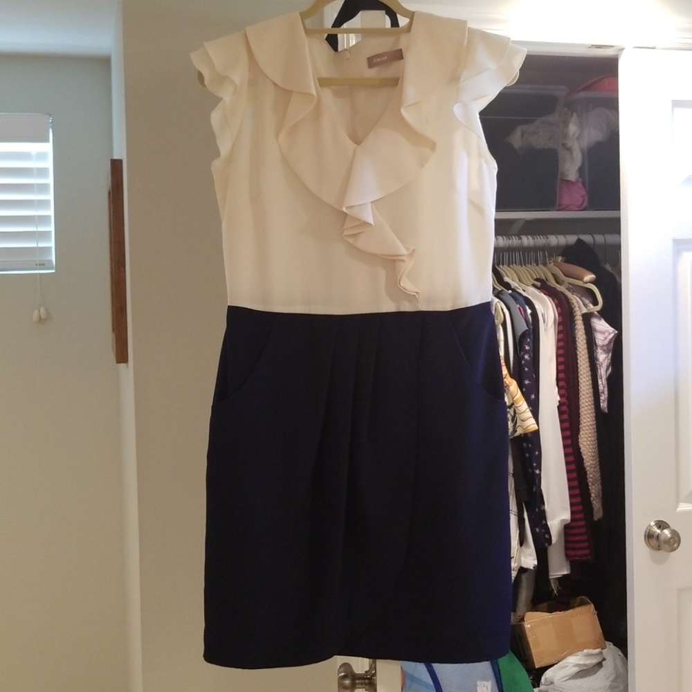 Navy and cream colored dress
